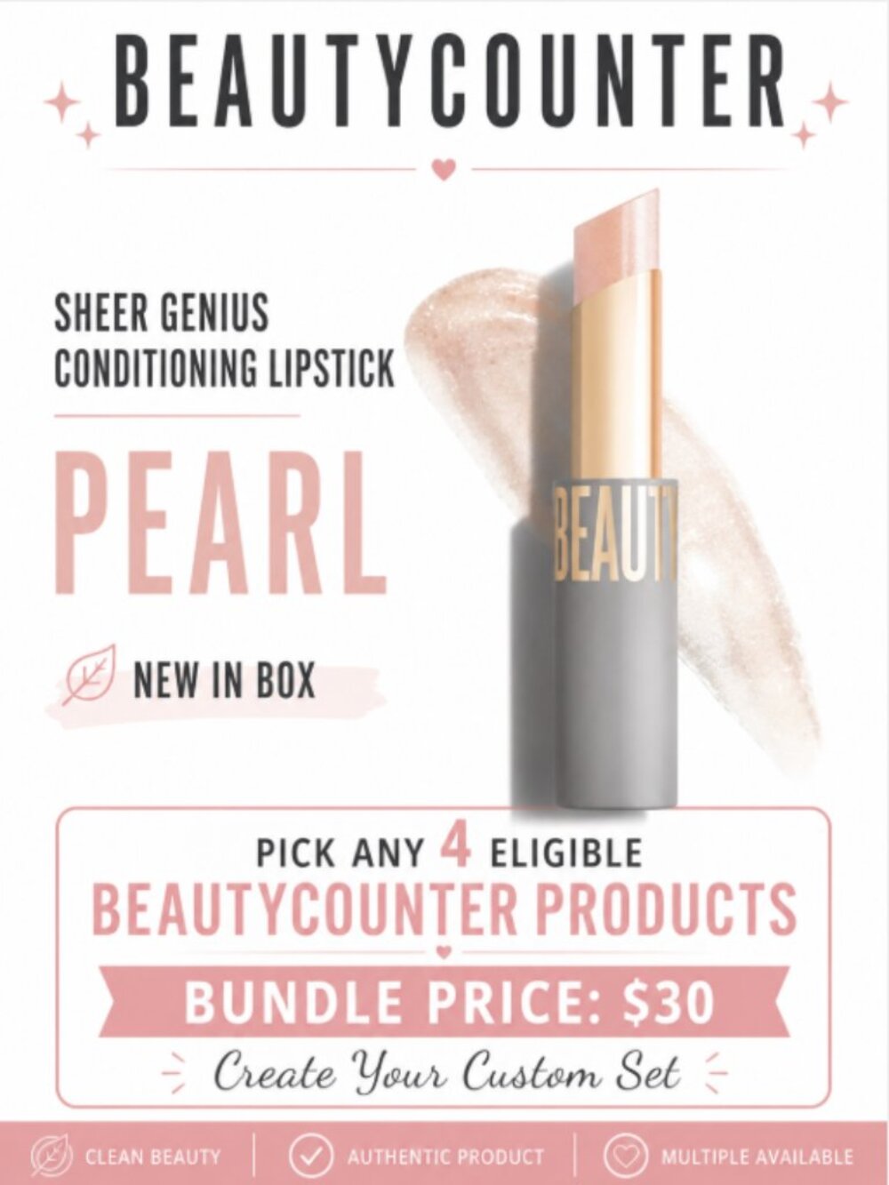 BEAUTYCOUNTER Sheer Genius Conditioning Lipstick PEARL New In Box Bundle 4/$30